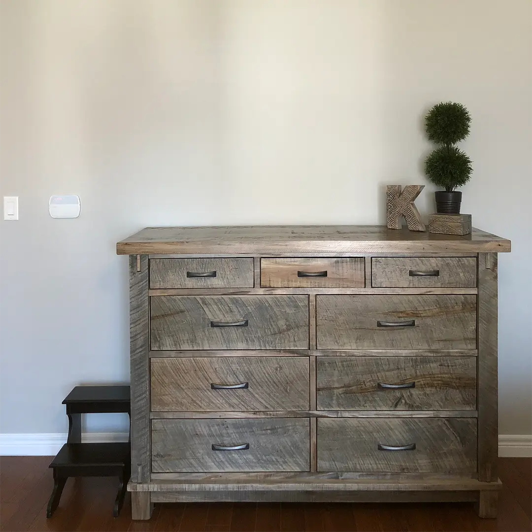 Timber highboy solid wood dresser with contrasting drawer fronts