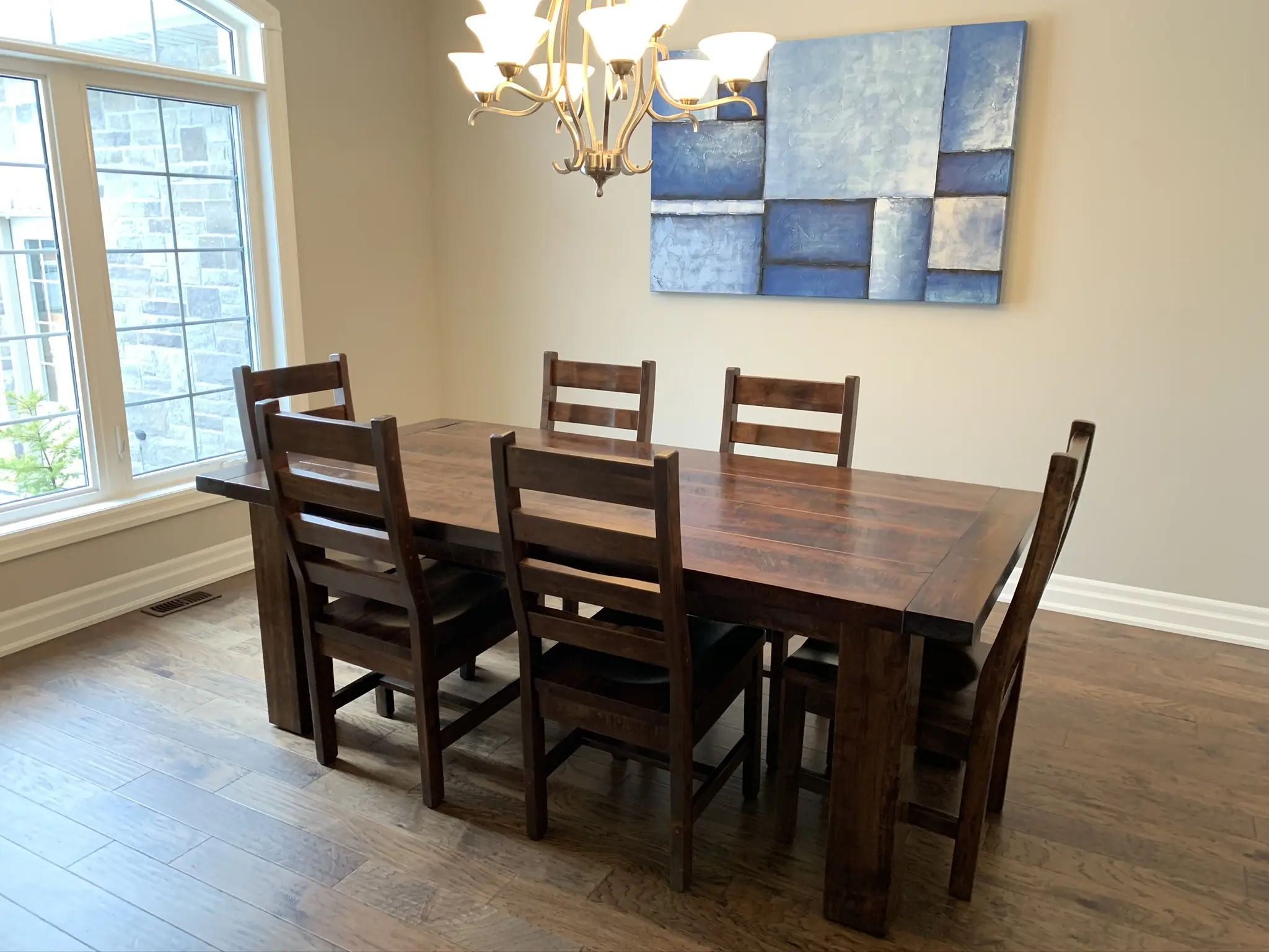 Timber solid wood dining table with six matching chairs