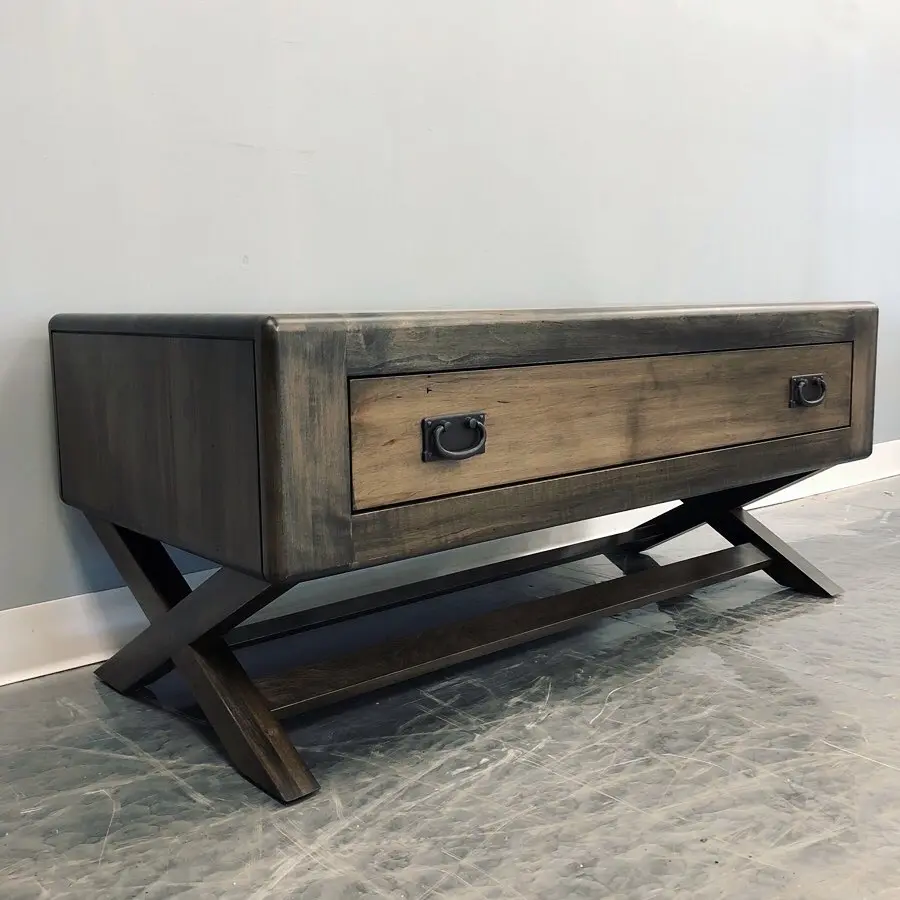 Custom two-tone solid wood console table with sculptural base