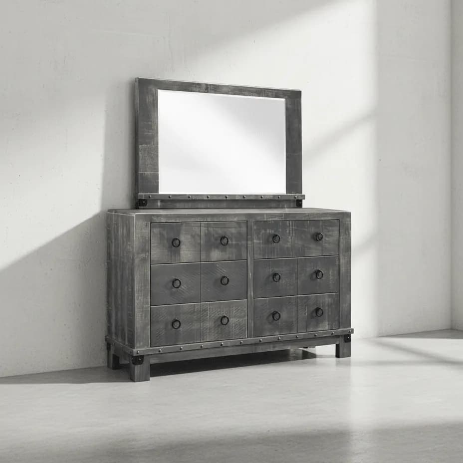 penwood furniture barrelworks dresser with mirror 6 drawer 45 degree angle