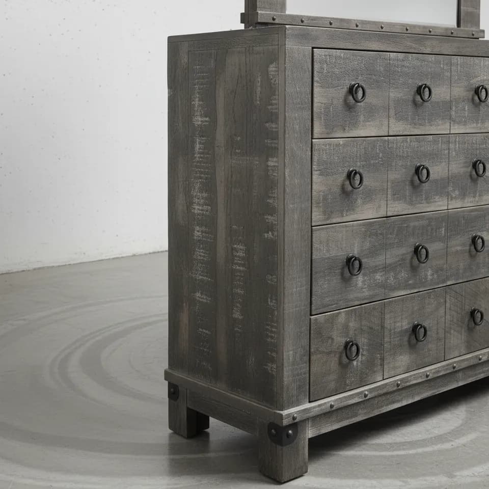 penwood furniture barrelworks dresser with mirror 8 drawers medium close up