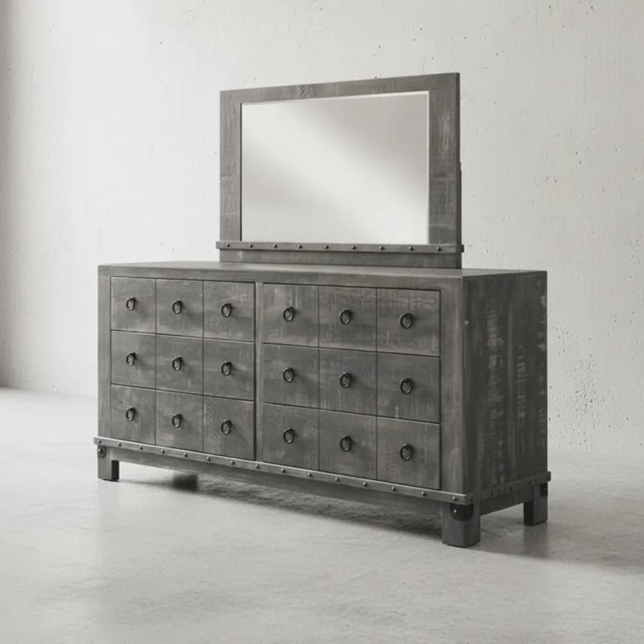 penwood furniture barrelworks long dresser with mirror 6 drawer 45 degree angle