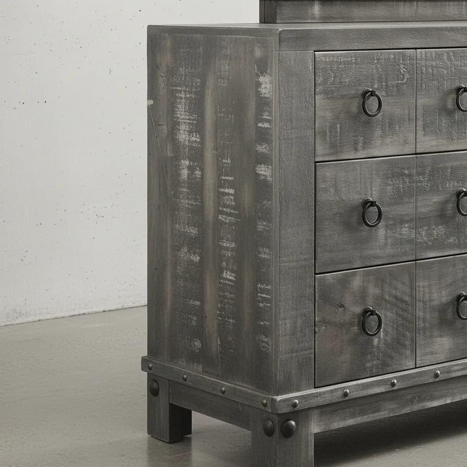 penwood furniture barrelworks long dresser with mirror 6 drawer medium close up